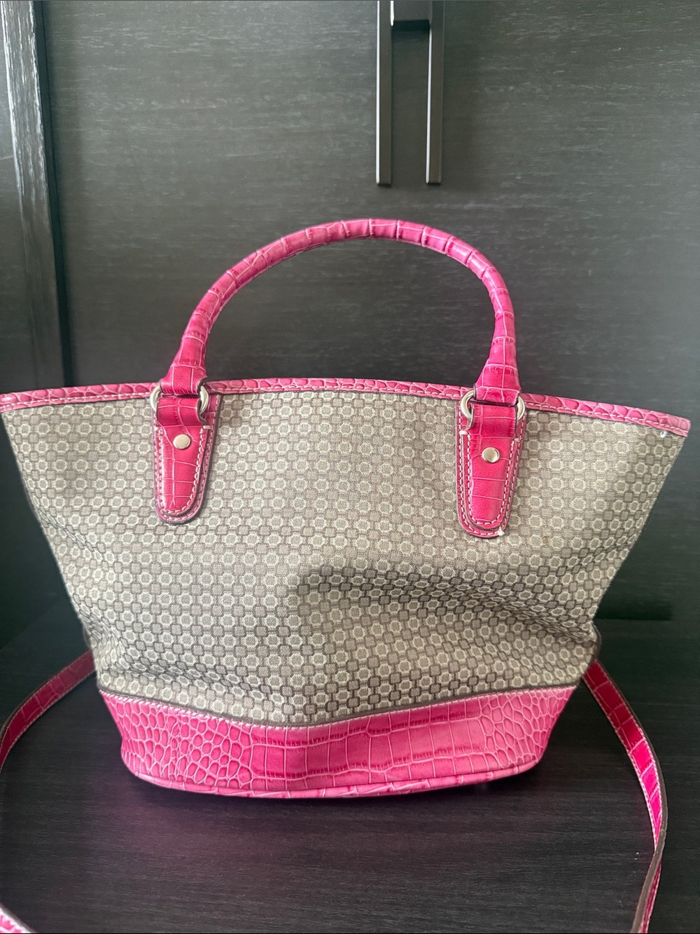 Nine West Pink Trim Neutral Tote Bag with Crossbody Strap - Picture 2 of 6